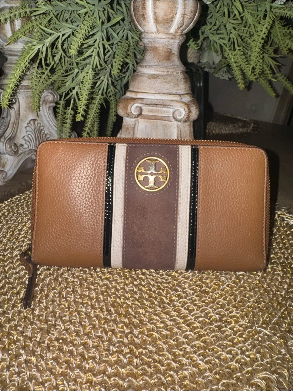 Tory Burch Brown Leather Zip Wallet with Striped Center and Gold Logo